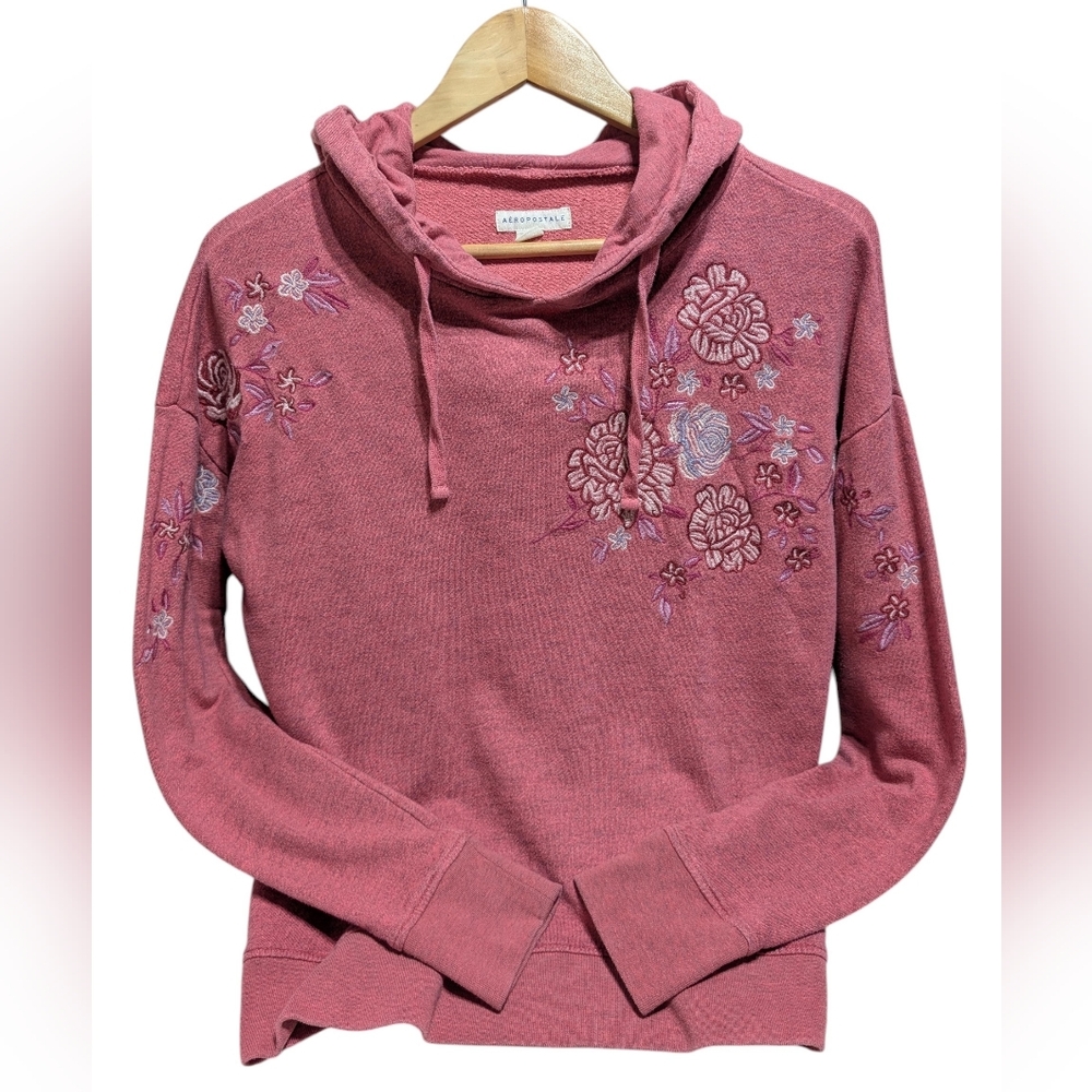 Aeropostale Large Dusty Rose Pink Floral Embroidered Hoodie Sweatshirt Women's
